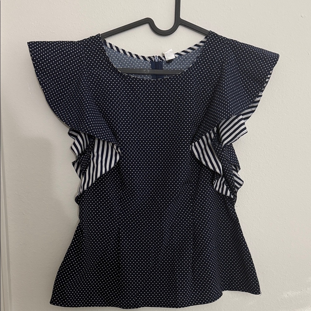 Navy and White Ruffle Sleeve Blouse